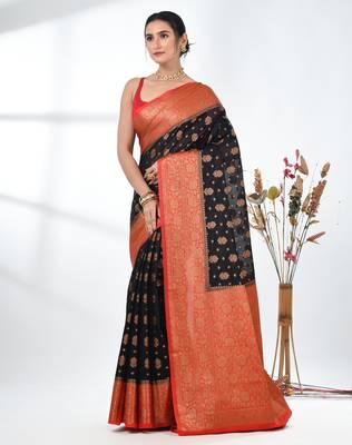 black georgette saree with red and gold border 2