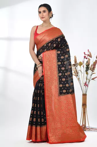 black georgette saree with red and gold border