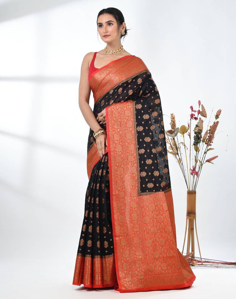 black georgette saree with red and gold border