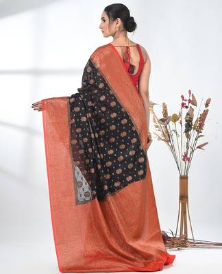 black georgette saree with red and gold border 3
