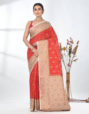 red georgette saree with red and gold border 1