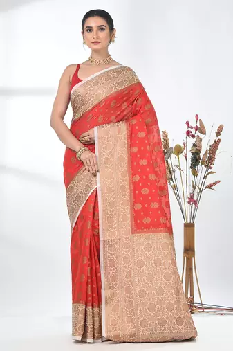 red georgette saree with red and gold border