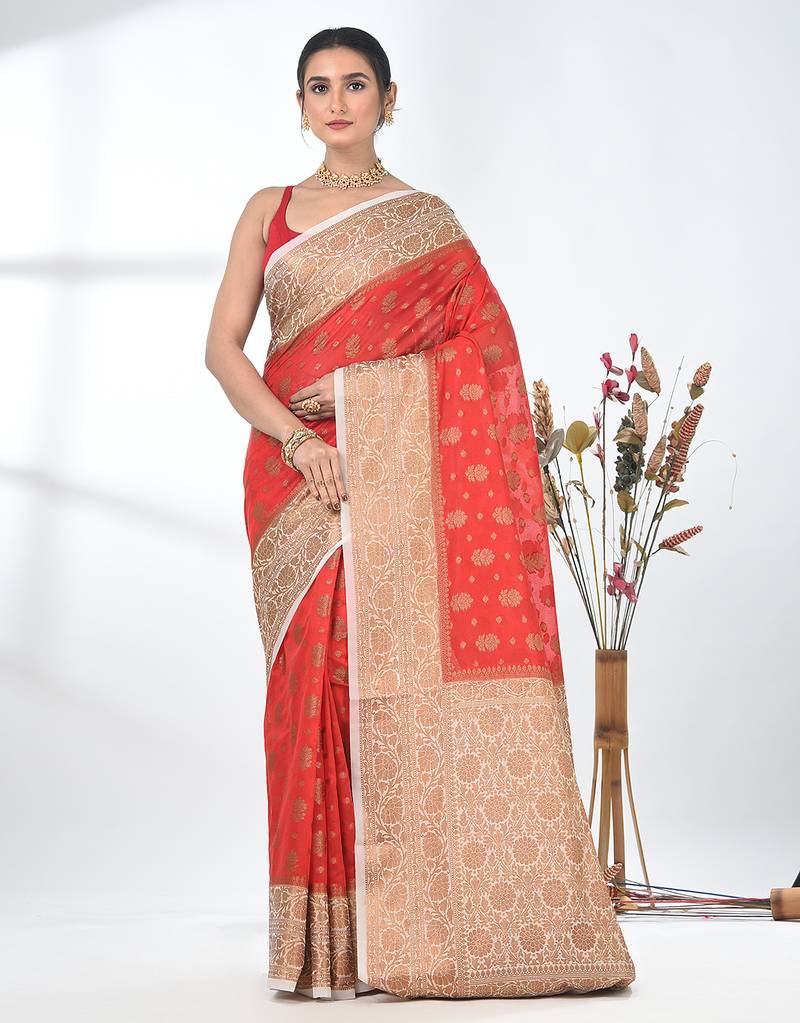 red georgette saree with red and gold border