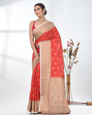 red georgette saree with red and gold border 2