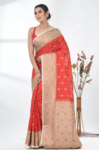 red georgette saree with red and gold border