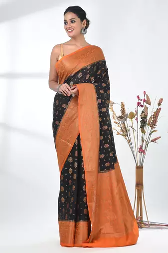 black georgette saree with red and gold border