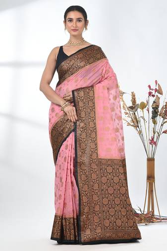 pink georgette saree with red and gold border