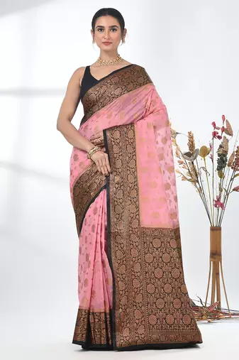 pink georgette saree with red and gold border
