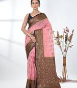 pink georgette saree with red and gold border