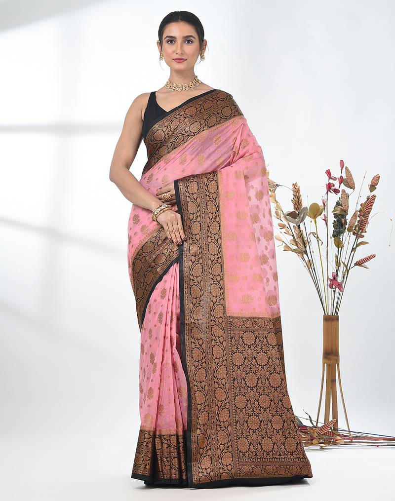 pink georgette saree with red and gold border