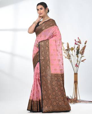 pink georgette saree with red and gold border 2