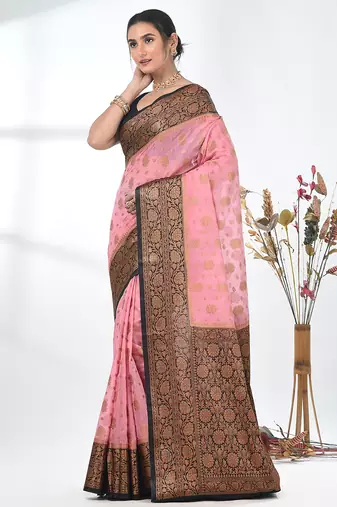 pink georgette saree with red and gold border