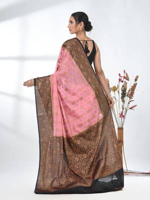 pink georgette saree with red and gold border 3