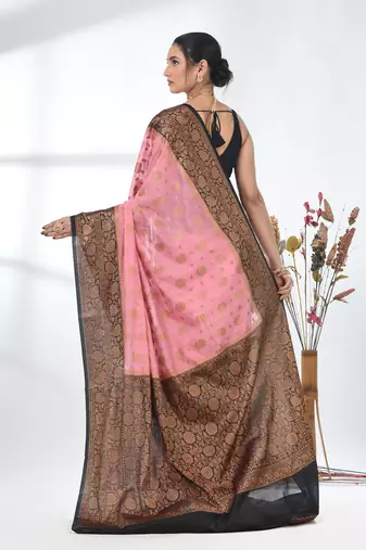 pink georgette saree with red and gold border