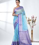 sky blue organza saree with floral motifs and blue border