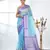 sky blue organza saree with floral motifs and blue border
