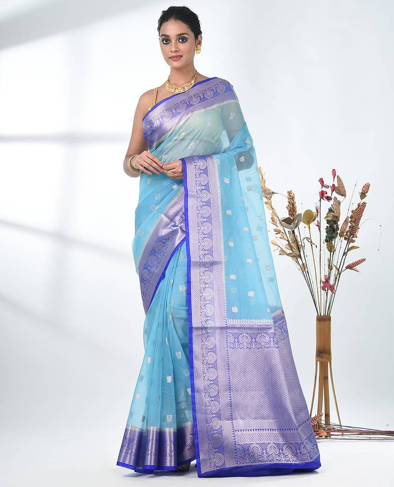 sky blue organza saree with floral motifs and blue border