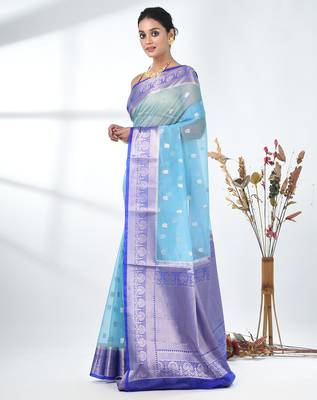 sky blue organza saree with floral motifs and blue border 2