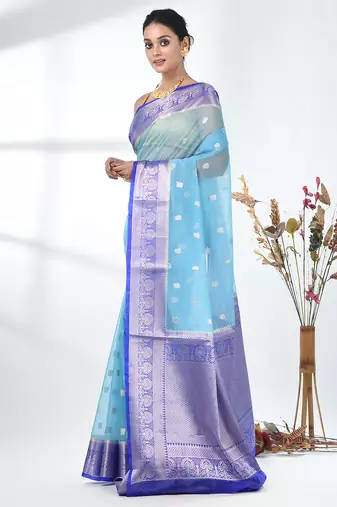 sky blue organza saree with floral motifs and blue border