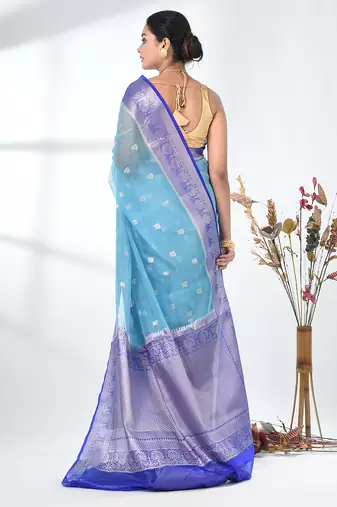 sky blue organza saree with floral motifs and blue border