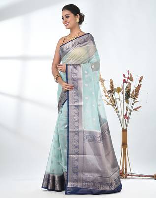 pastel blue organza saree with floral motifs and blue border 2