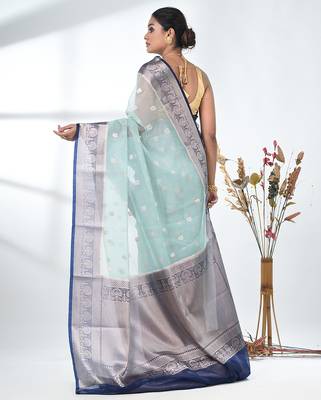 pastel blue organza saree with floral motifs and blue border 3