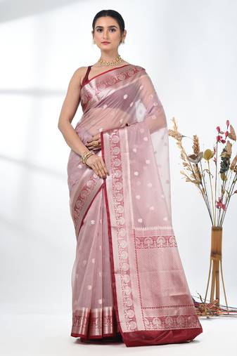nude pink organza saree with floral motifs and blue border