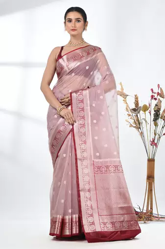 nude pink organza saree with floral motifs and blue border
