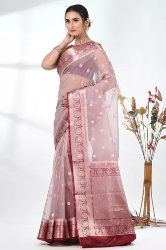 nude pink organza saree with floral motifs and blue border