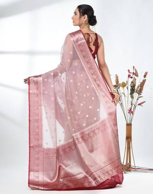 nude pink organza saree with floral motifs and blue border 3