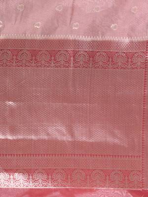nude pink organza saree with floral motifs and blue border 4