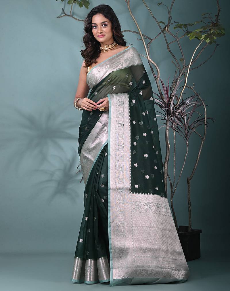 green organza saree with floral motifs and sea green border
