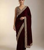 dark plum velvet embroidered designer saree 