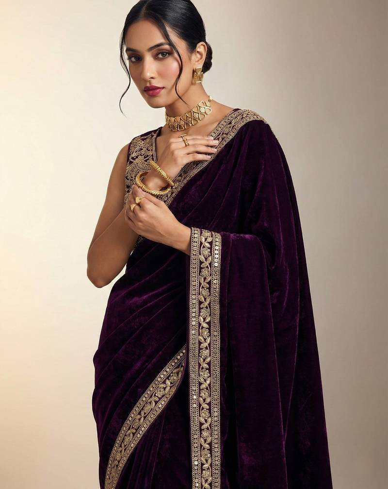 dark plum velvet embroidered designer saree 