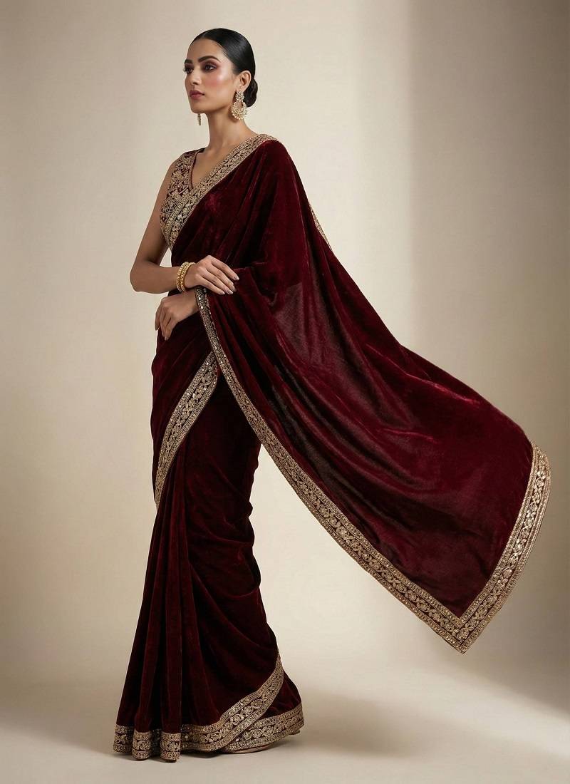 dark plum velvet embroidered designer saree 