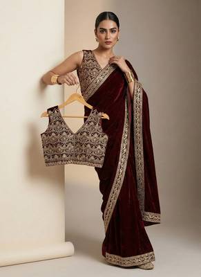 dark plum velvet embroidered designer saree  3