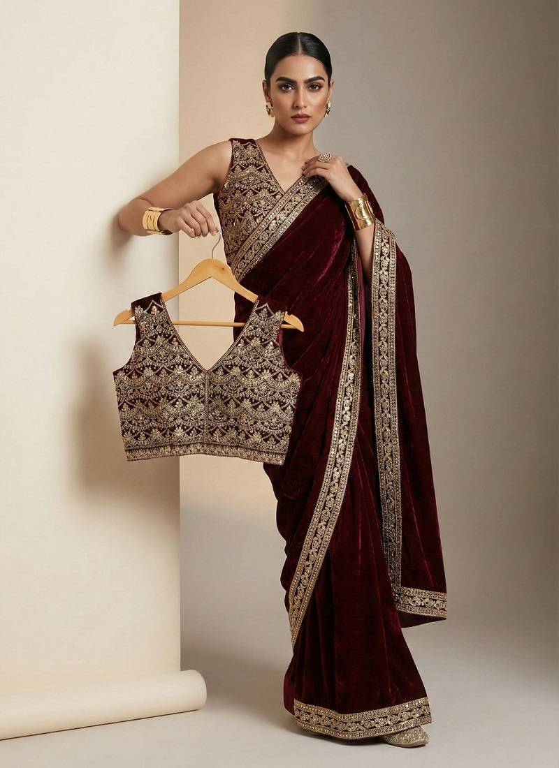 dark plum velvet embroidered designer saree 