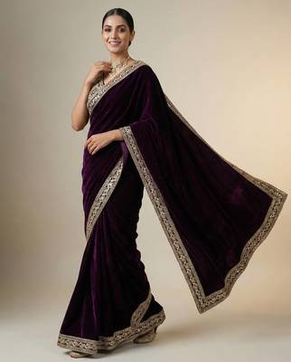 dark plum velvet embroidered designer saree  3