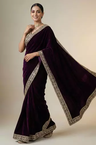 dark plum velvet embroidered designer saree 