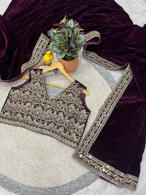 dark plum velvet embroidered designer saree  4