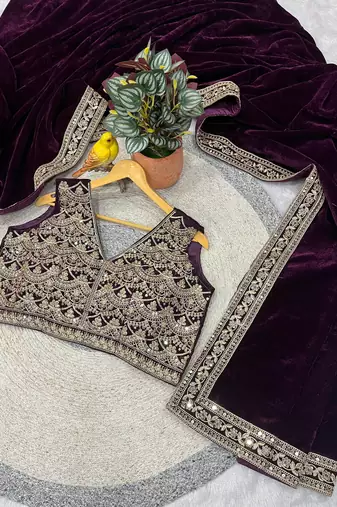 dark plum velvet embroidered designer saree 