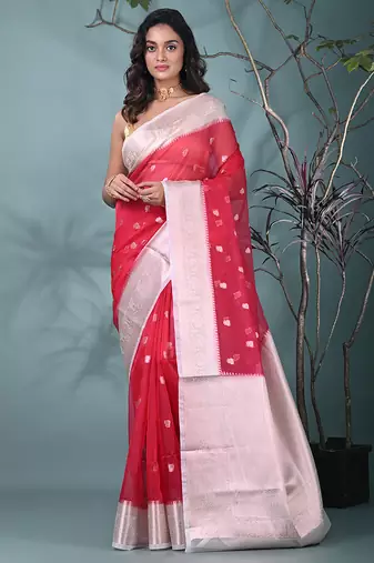 fuchsia organza saree with floral motifs and sea green border