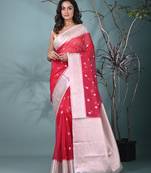 fuchsia organza saree with floral motifs and sea green border
