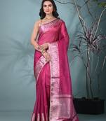 fuchsia tissue saree with intricate silver zari border
