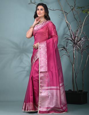 fuchsia tissue saree with intricate silver zari border 2