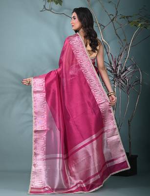 fuchsia tissue saree with intricate silver zari border 3