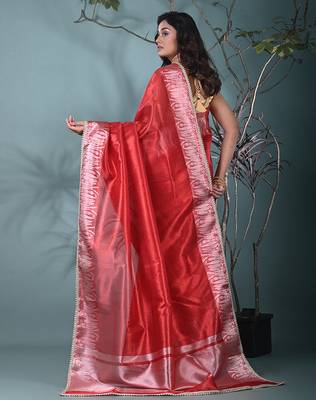 red tissue saree with intricate silver zari border 3