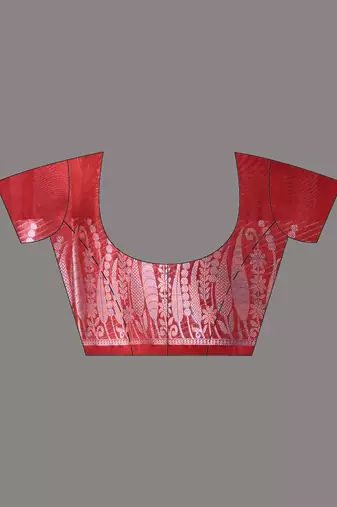 red tissue saree with intricate silver zari border
