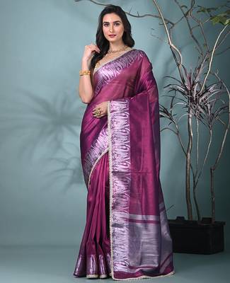 purple tissue saree with intricate silver zari border 1