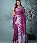 purple tissue saree with intricate silver zari border